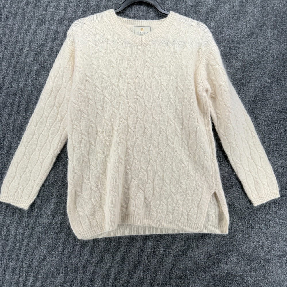 Vintage Express Tricot Sweater Medium Lambswool Angora Fisherman Cabin Chic Ecru